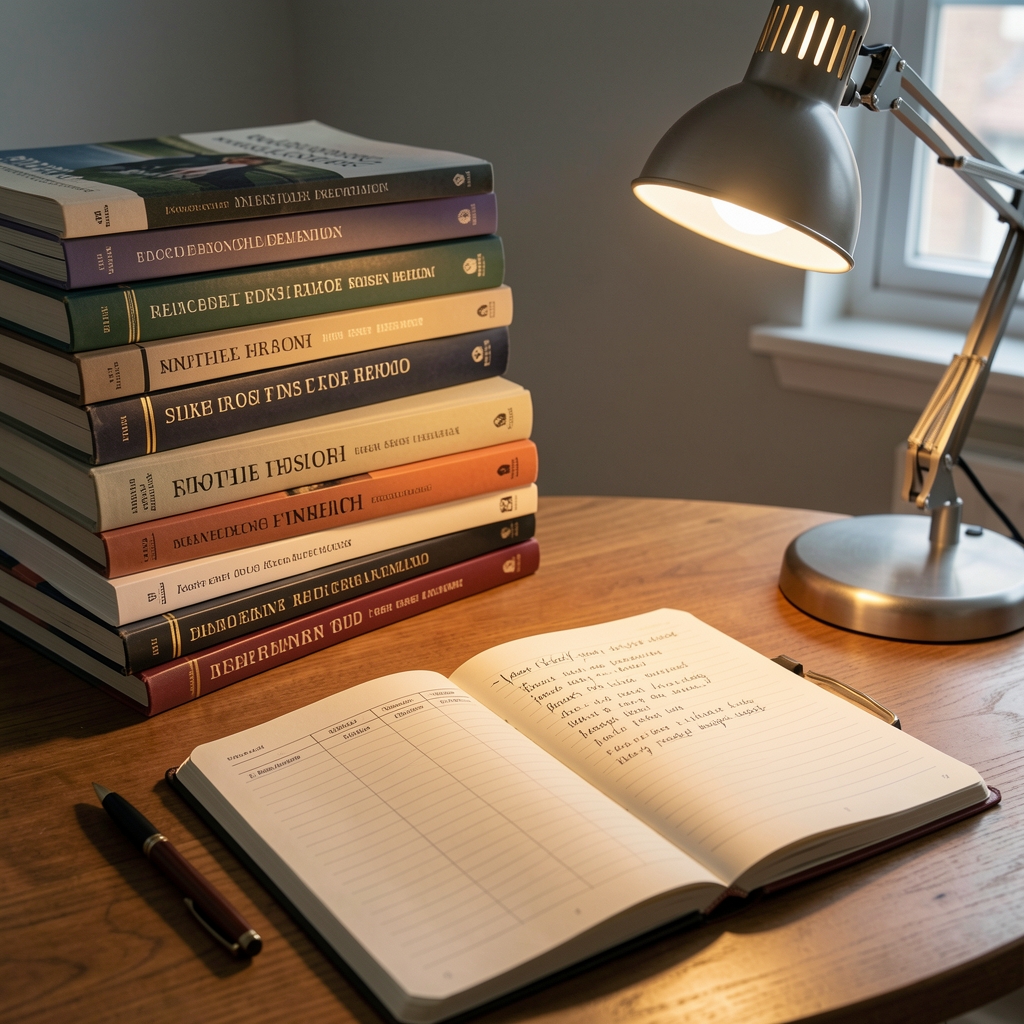 Editorial workspace with stacked research journals, a desk lamp casting warm light, and handwritten notes on a notebook open to a weekly sleep log