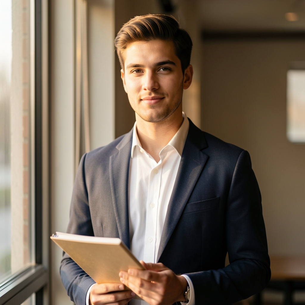 Editorial portrait of Tobias Marsden, standing near a window with a notebook in hand, in a warm studio setting with natural afternoon light