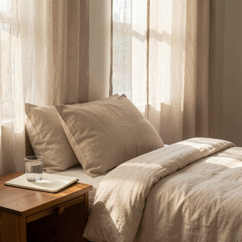 Quiet bedroom with soft morning light filtering through linen curtains, a bedside table with a glass of water and an open notebook