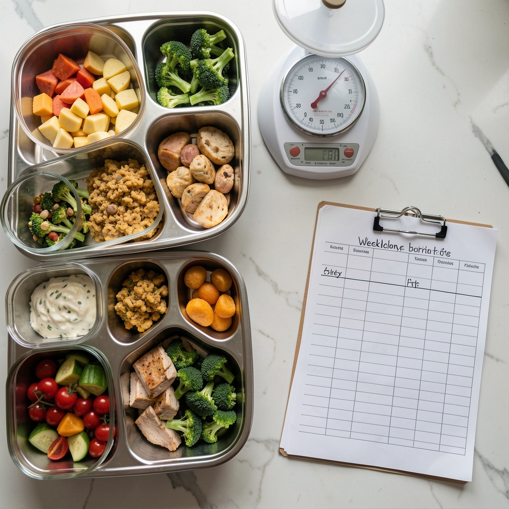 Overhead view of a meal-prep counter with portioned containers, a food scale, and handwritten weekly planner in natural light