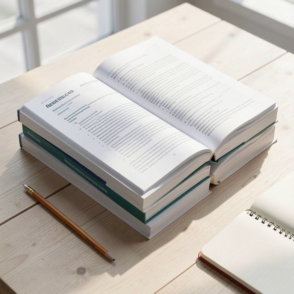 Stack of open research journals and printed study abstracts on a pale wooden surface in bright natural light, with a pencil and notebook